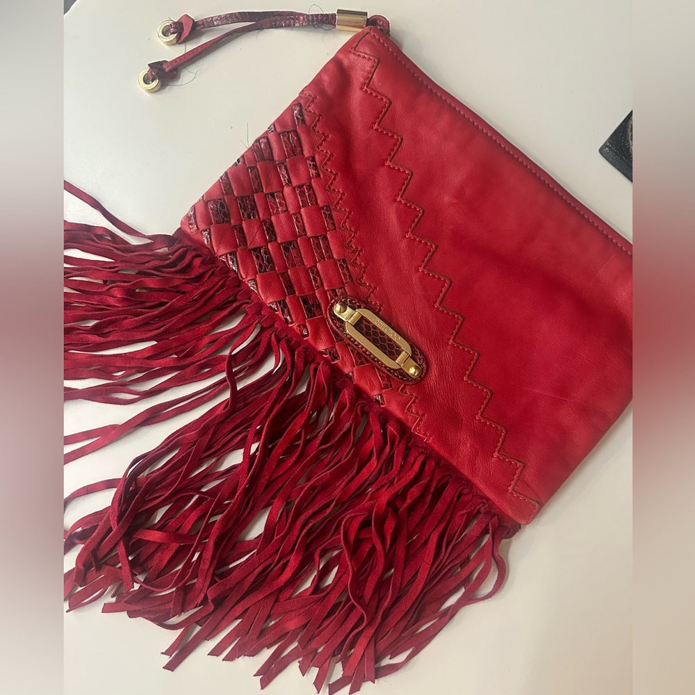 Jimmy Choo Red Leather Fringe Clutch
